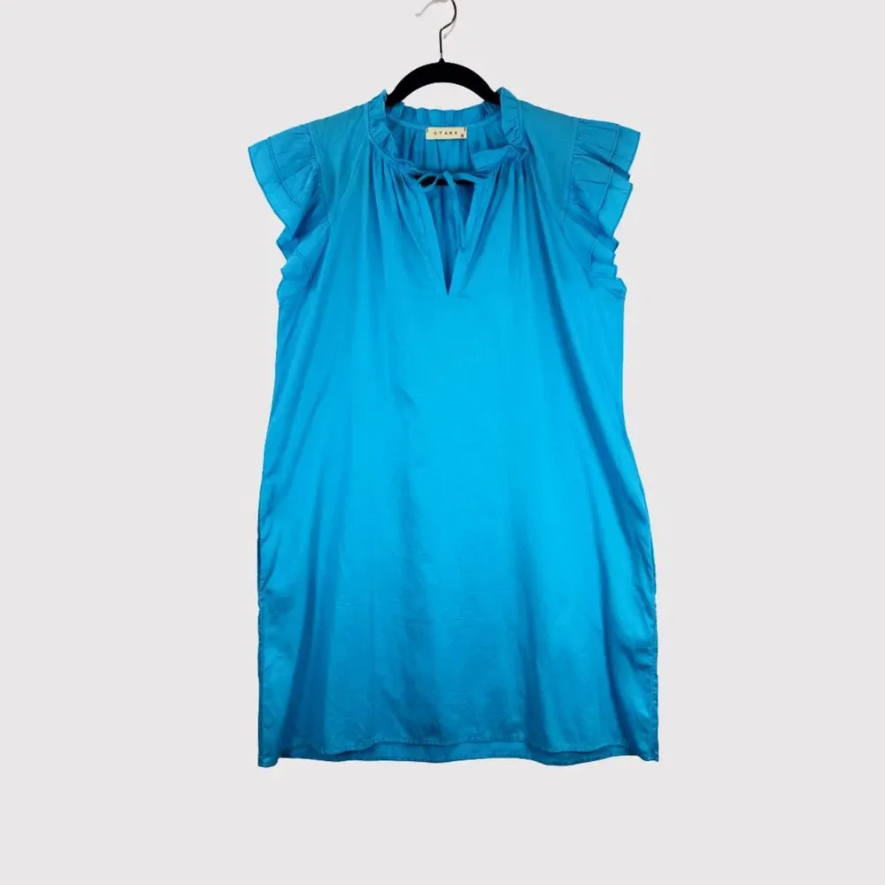 Stark X Mini Dress Blue Dreamy Tunic Flutter Sleeve Shift Split Neck Relaxed XS